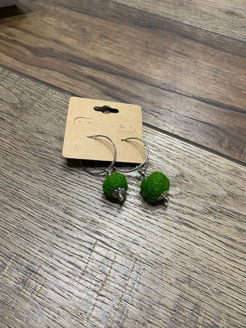 Green Felt Ball Hoop Earring