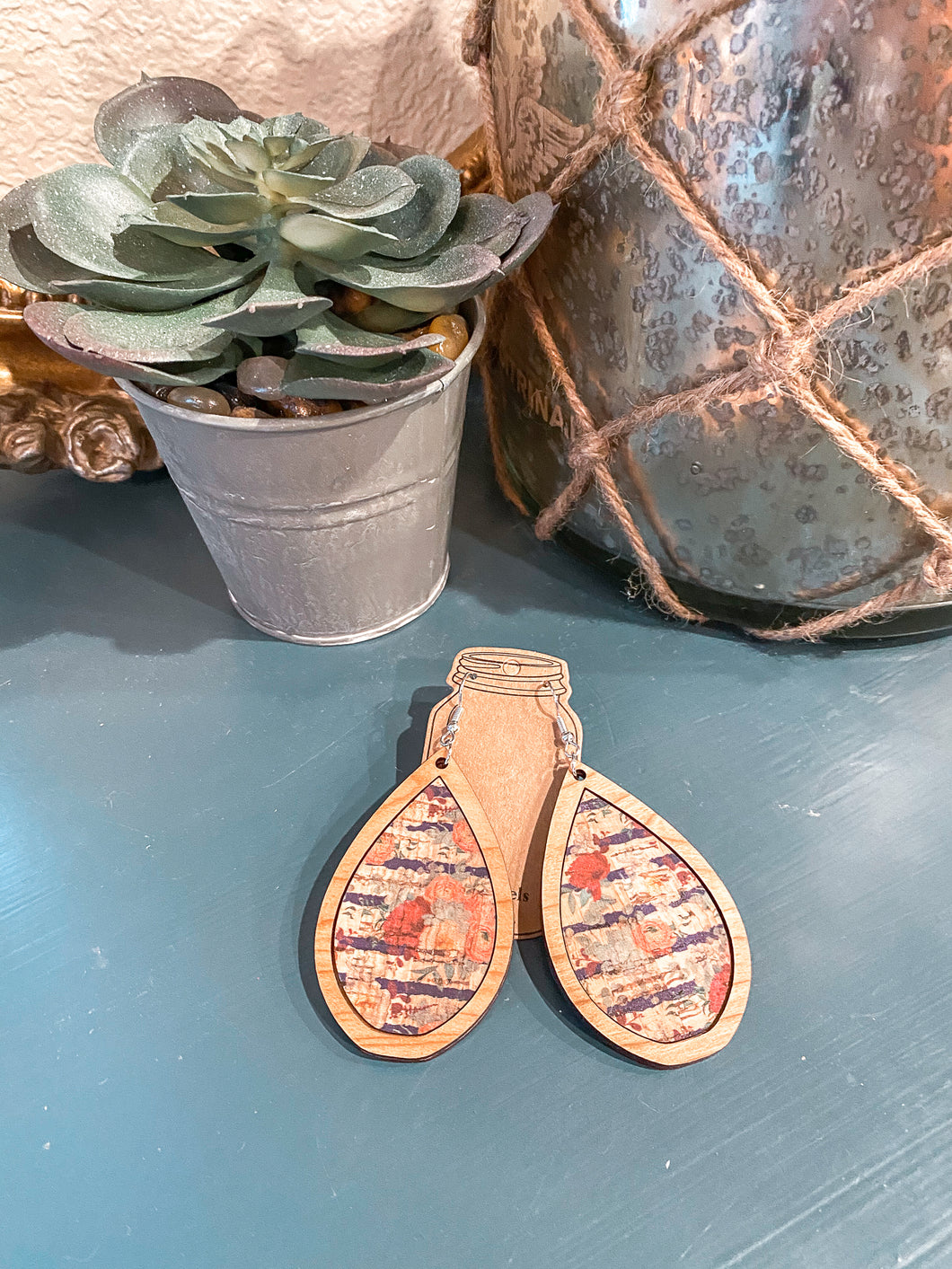 Wood Teardrop Earring with Floral Stripe Cork